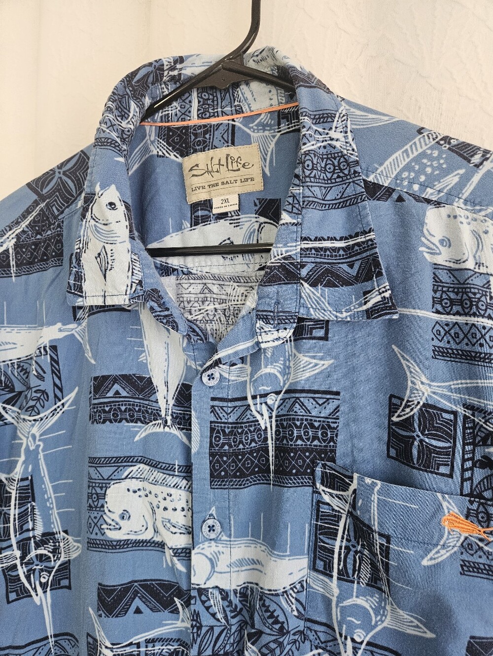 Salt Life Blue Nautical Fish Print Button-Up Shirt Beach Coastal